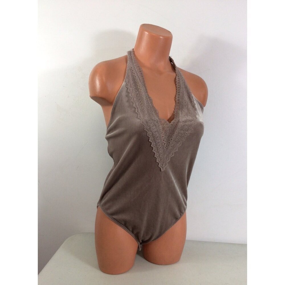Forever 21 Velvet Bodysuit Y2K Lace Trim Womens Medium